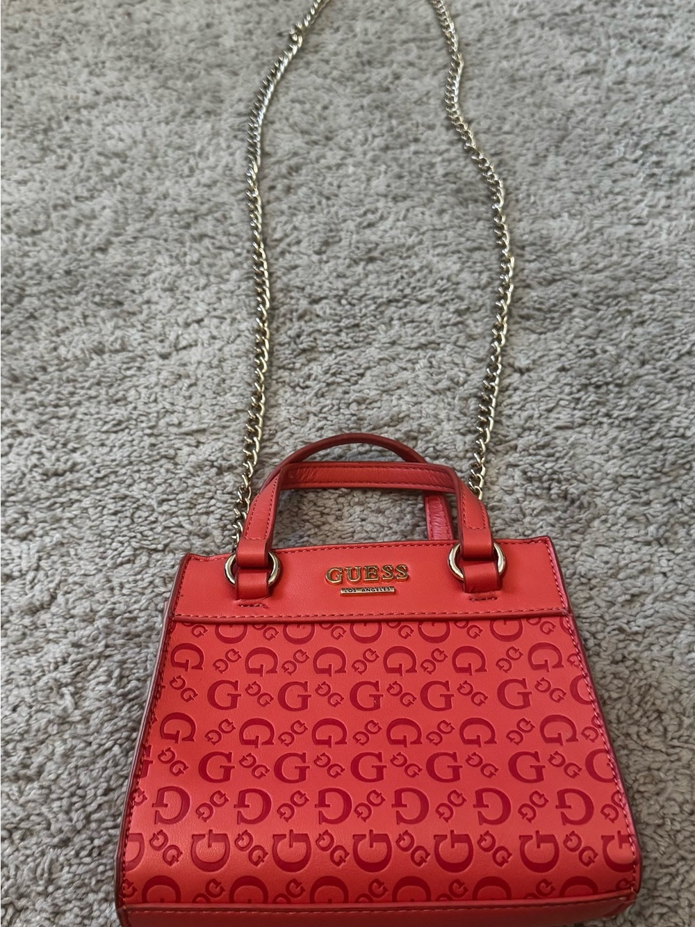 GUESS Coral Logo Satchel with Gold Chain Strap